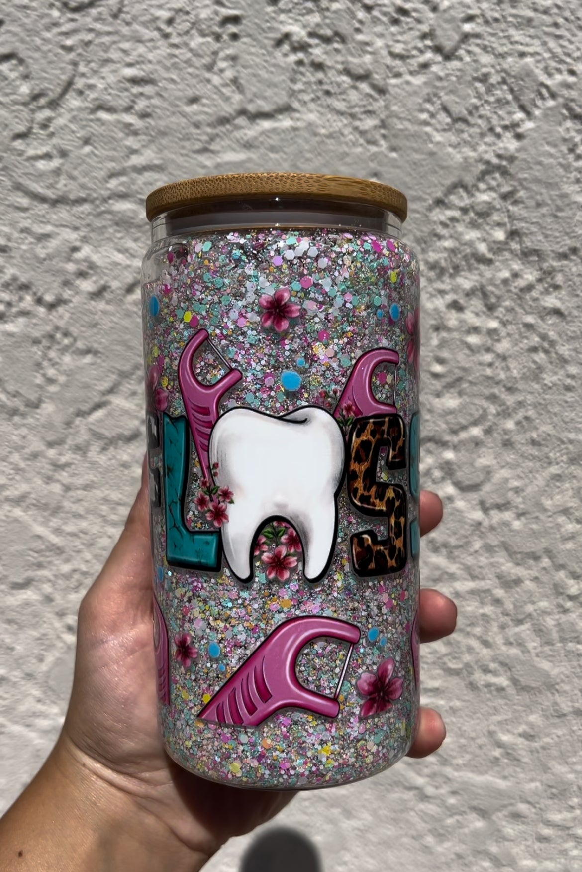 16oz "Floss Boss" Snowglobe Glass Cup / Dental Field