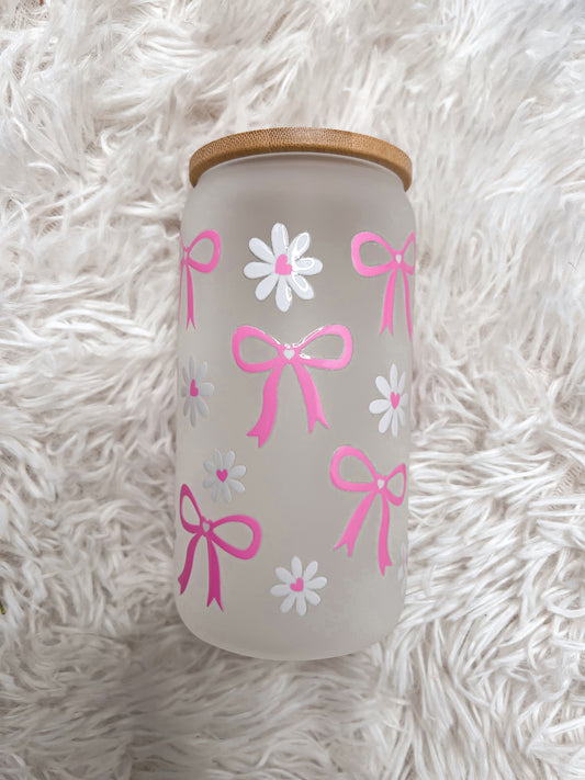 16oz Pink Bow Frosted Glass Cup